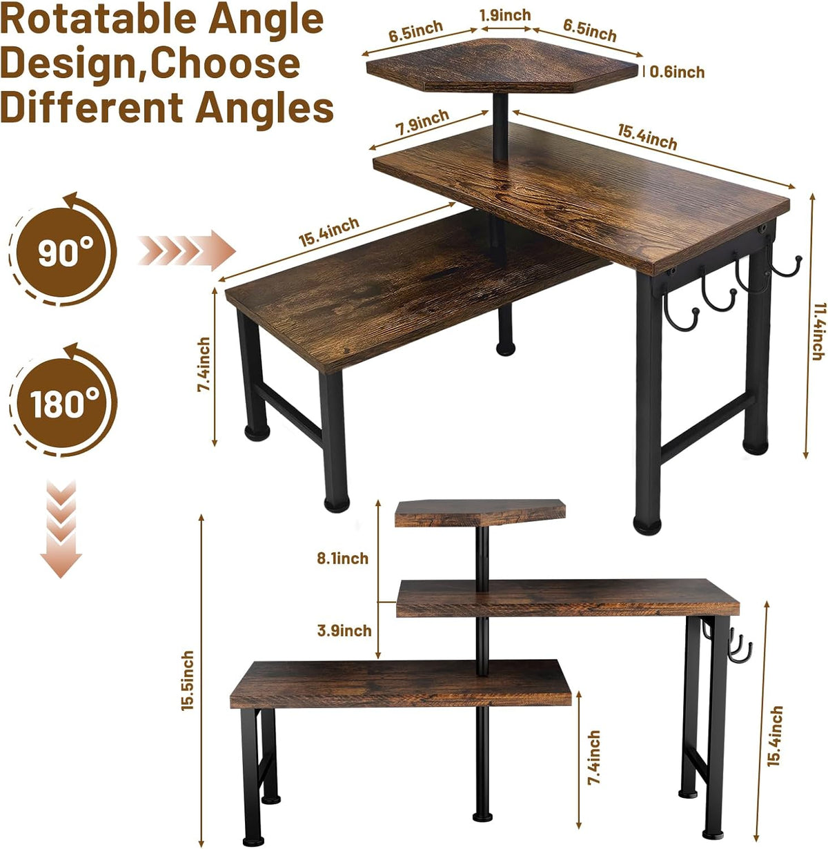Kitchen Countertop Organizer, 3 Tier Moveable Corner Shelf Kitchen Shelf with Hook, Countertop Organizer for Bathroom, Spice Rack, Bookshelf, Coffee Area, Dresser Table (Brown)