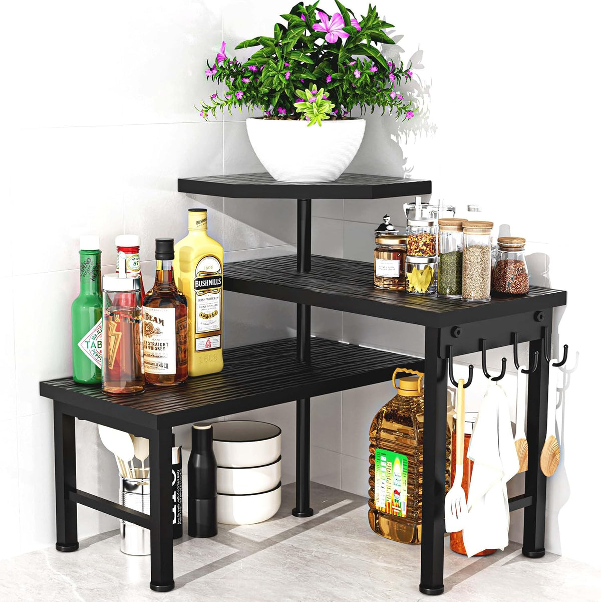 Kitchen Countertop Organizer, 3 Tier Moveable Corner Shelf Kitchen Shelf with Hook, Countertop Organizer for Bathroom, Spice Rack, Bookshelf, Coffee Area, Dresser Table (Brown)
