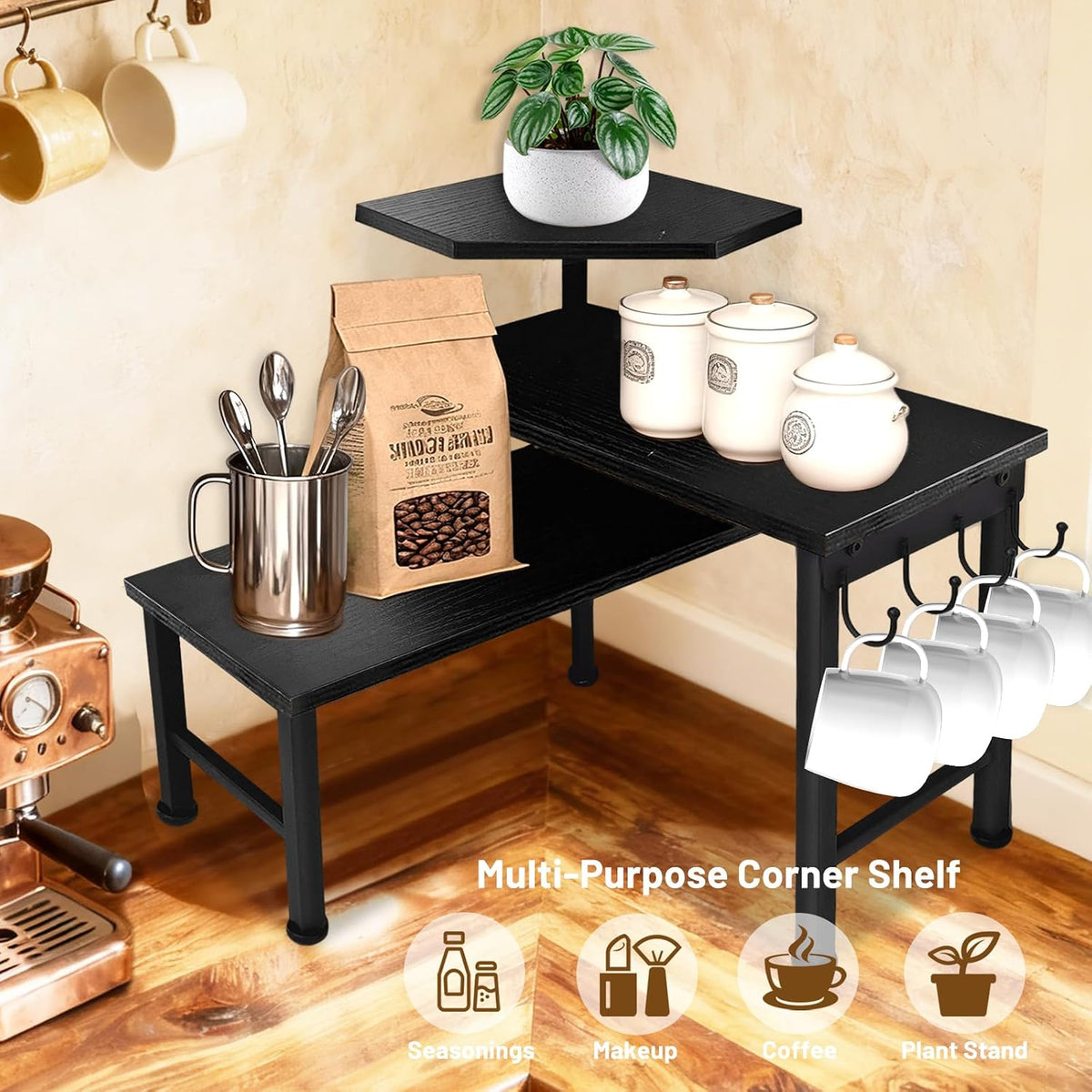 Kitchen Countertop Organizer, 3 Tier Moveable Corner Shelf Kitchen Shelf with Hook, Countertop Organizer for Bathroom, Spice Rack, Bookshelf, Coffee Area, Dresser Table (Brown)