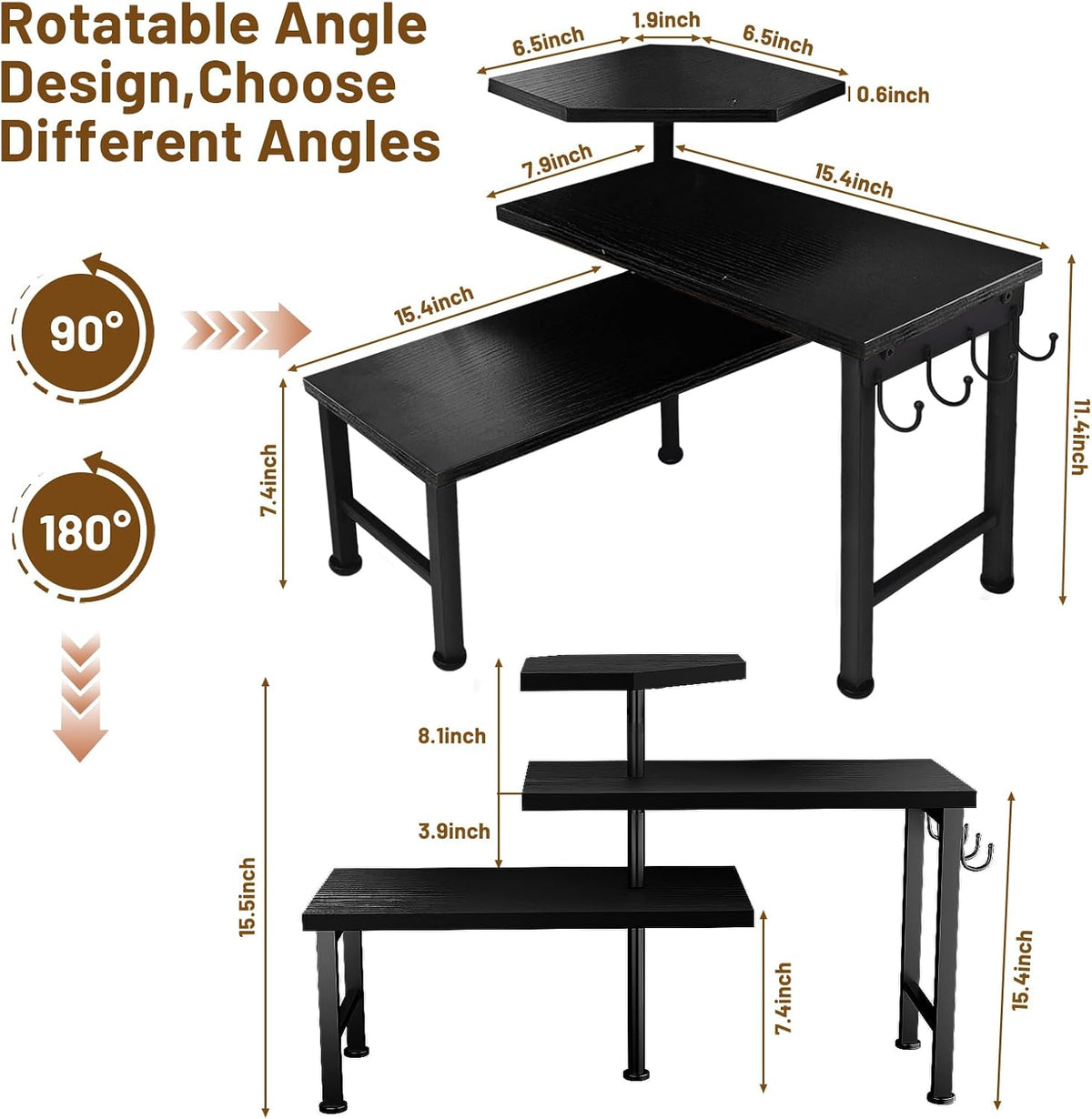 Kitchen Countertop Organizer, 3 Tier Moveable Corner Shelf Kitchen Shelf with Hook, Countertop Organizer for Bathroom, Spice Rack, Bookshelf, Coffee Area, Dresser Table (Brown)