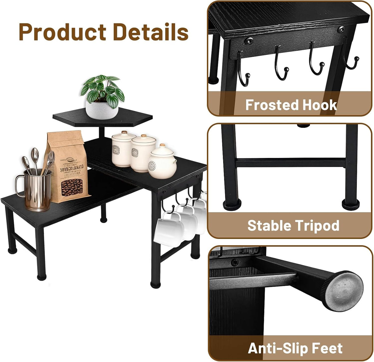 Kitchen Countertop Organizer, 3 Tier Moveable Corner Shelf Kitchen Shelf with Hook, Countertop Organizer for Bathroom, Spice Rack, Bookshelf, Coffee Area, Dresser Table (Brown)