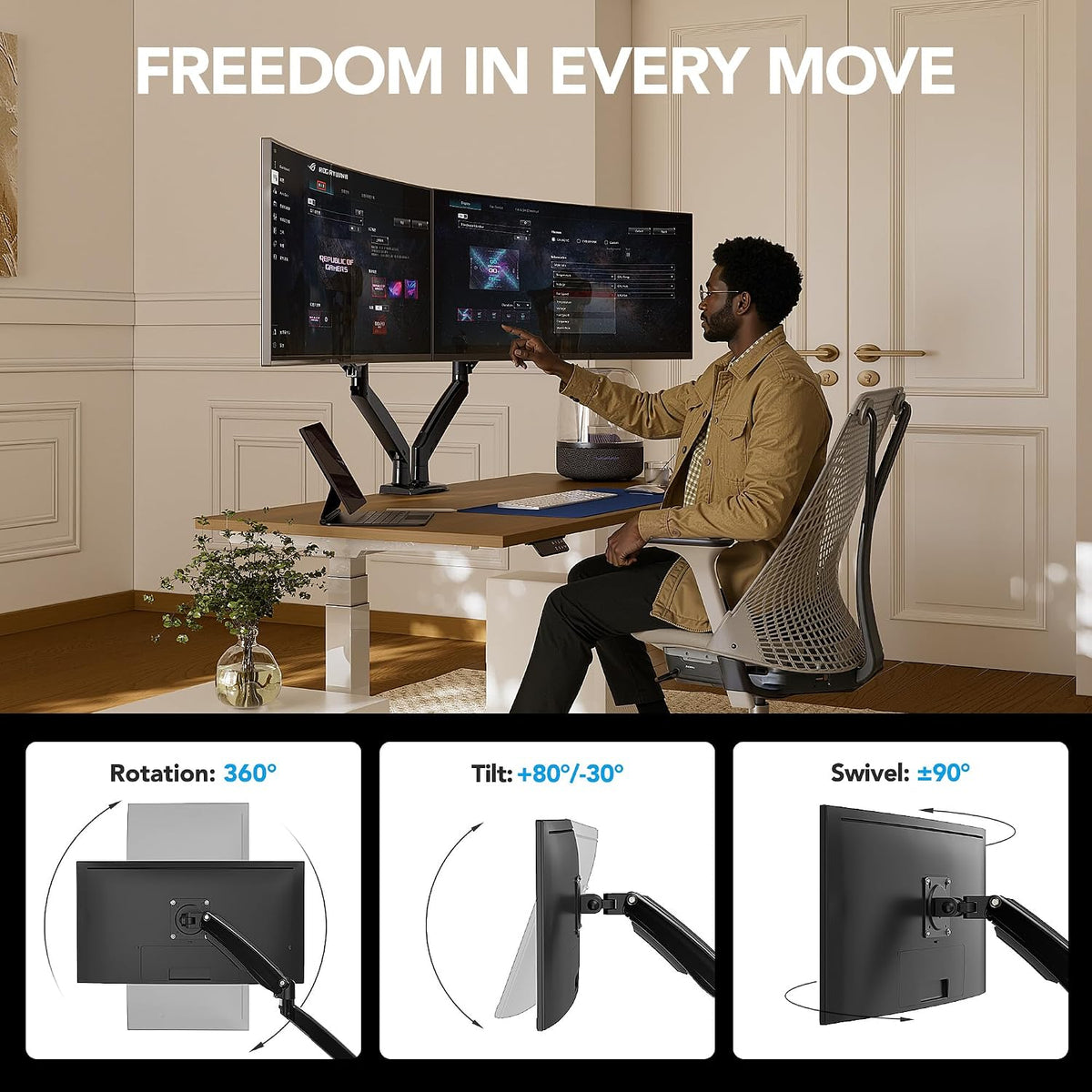 Dual Monitor Stand for 13″–40″, Premium Dual Monitor Mount with USB, Height Adjustable Monitor Stand for 2 Monitors, VESA Mount with Clamp/Grommet Base, Holds 26.4lbs per Arm, HNDS7