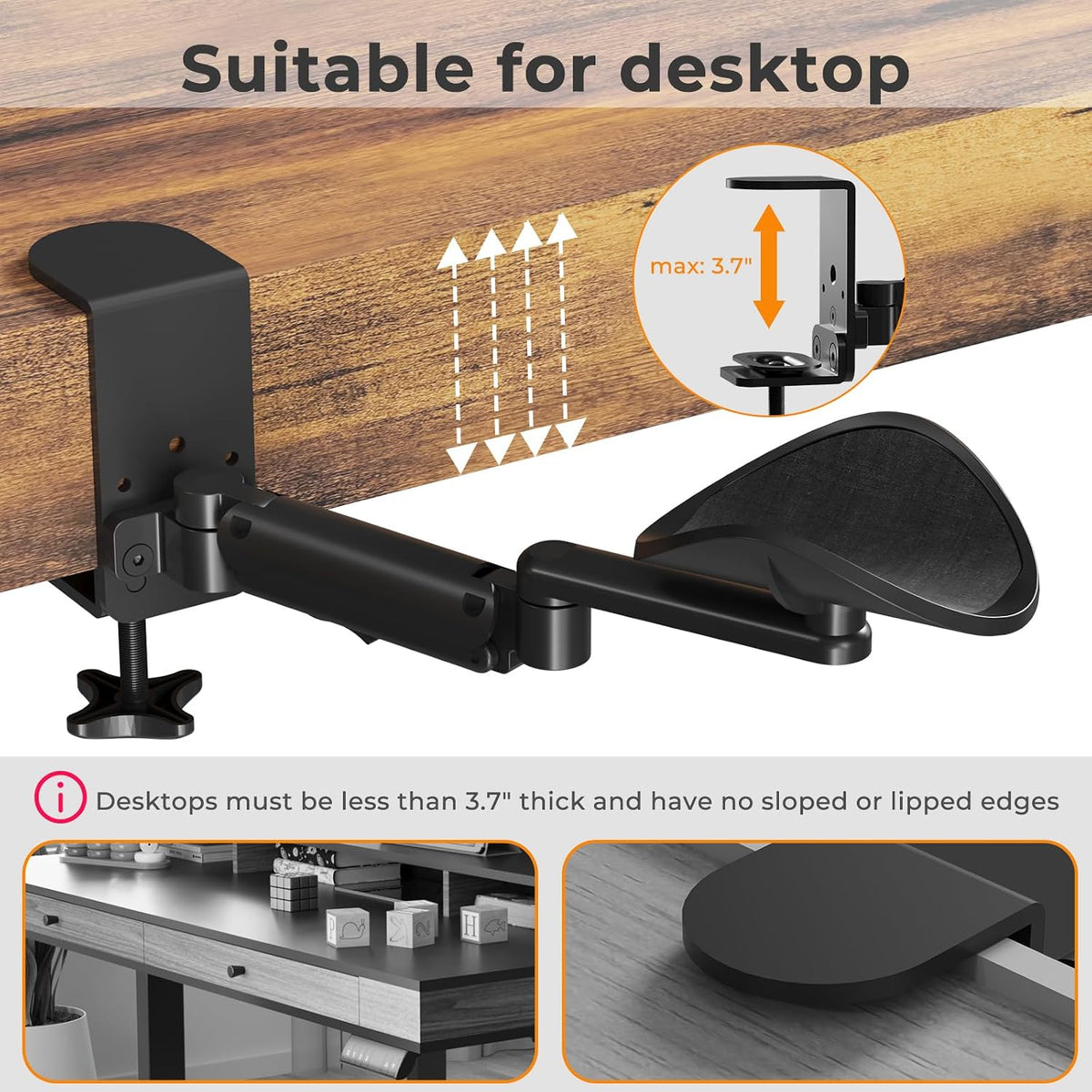 Clamp-on Adjustable Arm Rest, 360° Rotating Elbow Rest for Desk