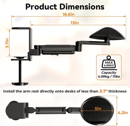 Clamp-on Adjustable Arm Rest, 360° Rotating Elbow Rest for Desk