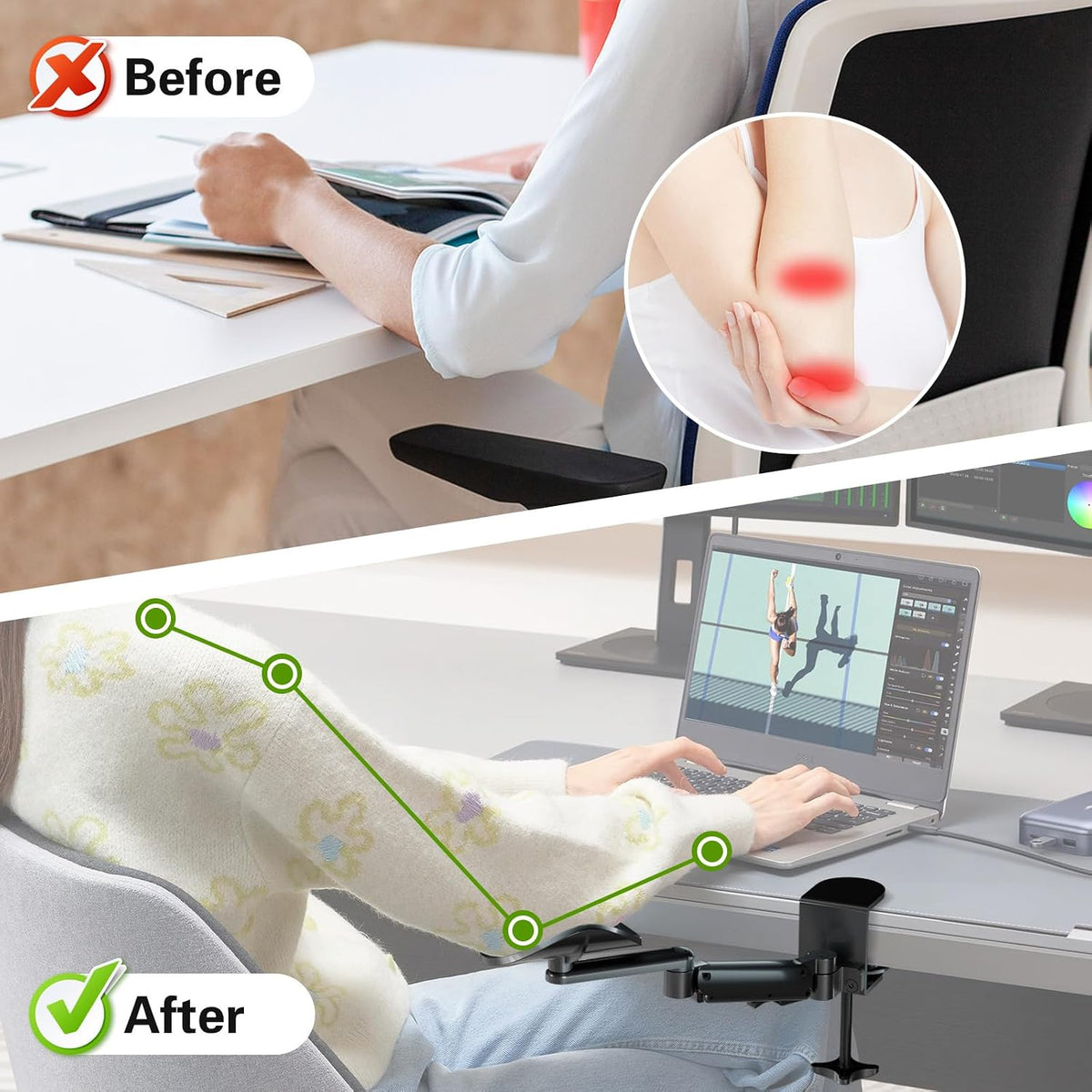 Clamp-on Adjustable Arm Rest, 360° Rotating Elbow Rest for Desk