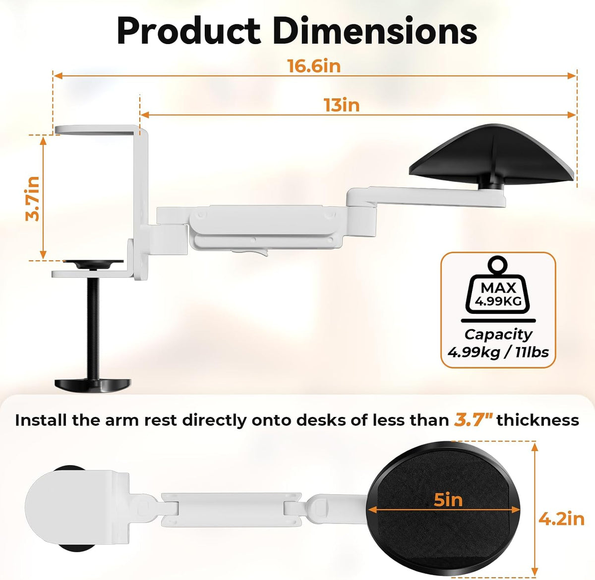 Clamp-on Adjustable Arm Rest, 360° Rotating Elbow Rest for Desk