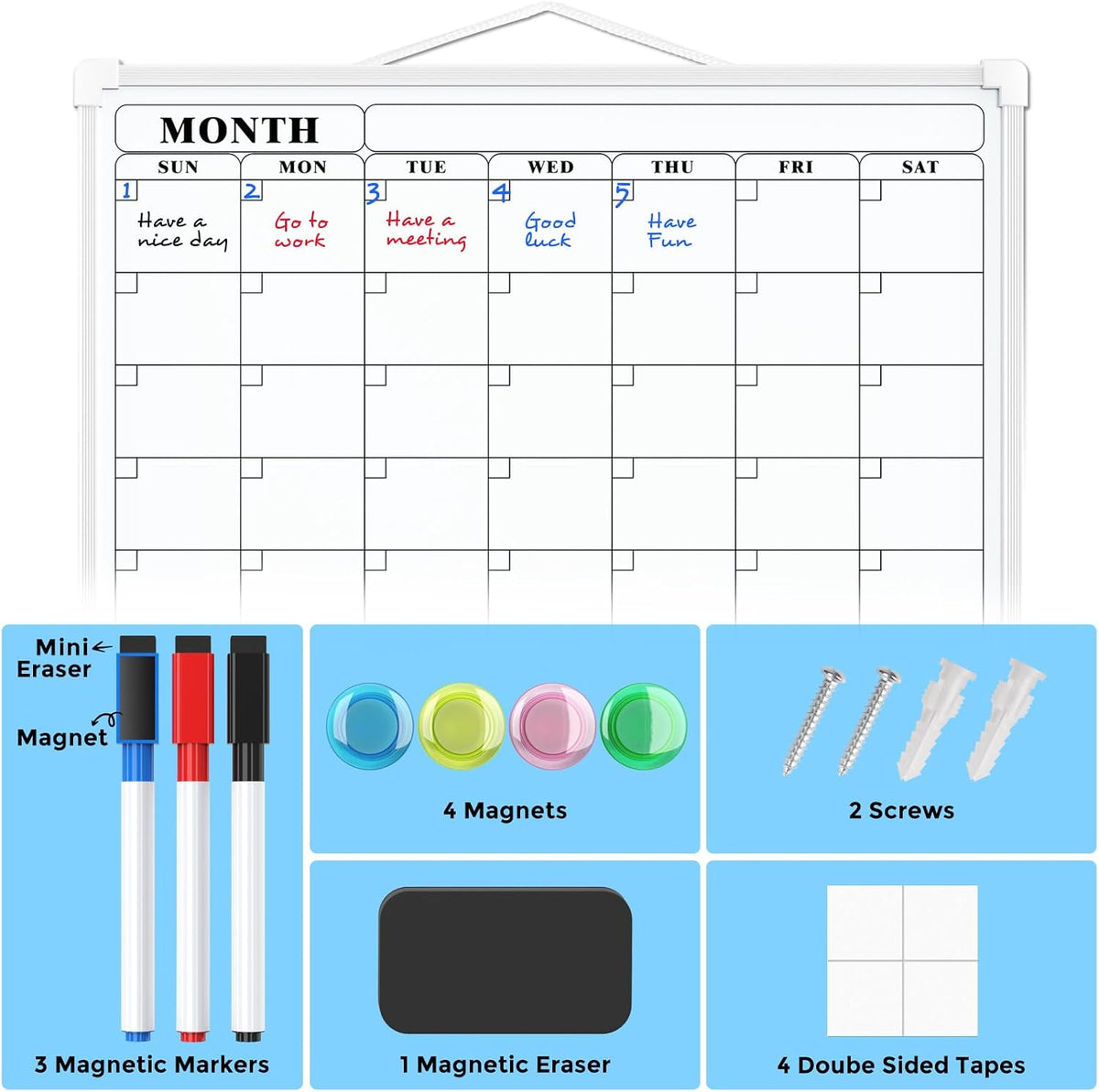 Monthly Calendar Dry Erase Board for Wall, 16"x12", White Frame