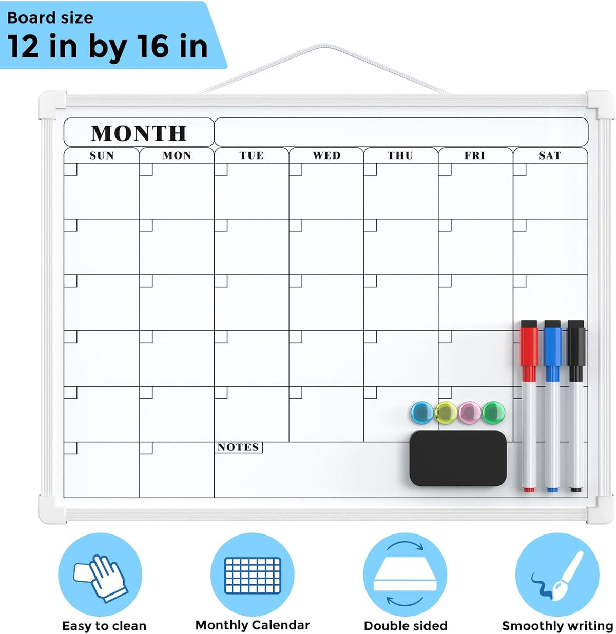 Monthly Calendar Dry Erase Board for Wall, 16"x12", White Frame