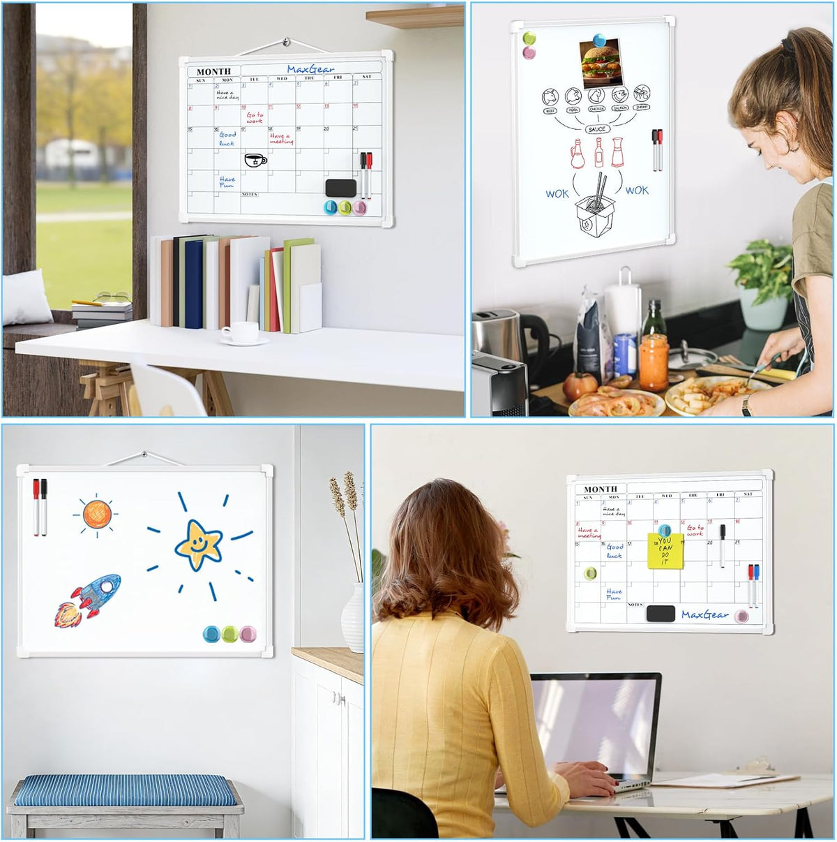 Monthly Calendar Dry Erase Board for Wall, 16"x12", White Frame