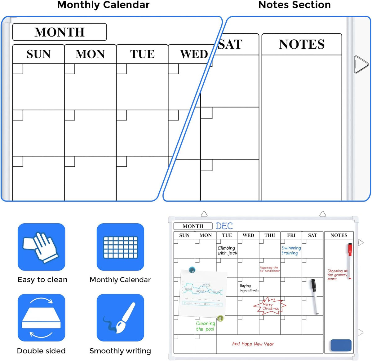 Monthly Calendar Dry Erase Board for Wall, 16"x12", White Frame