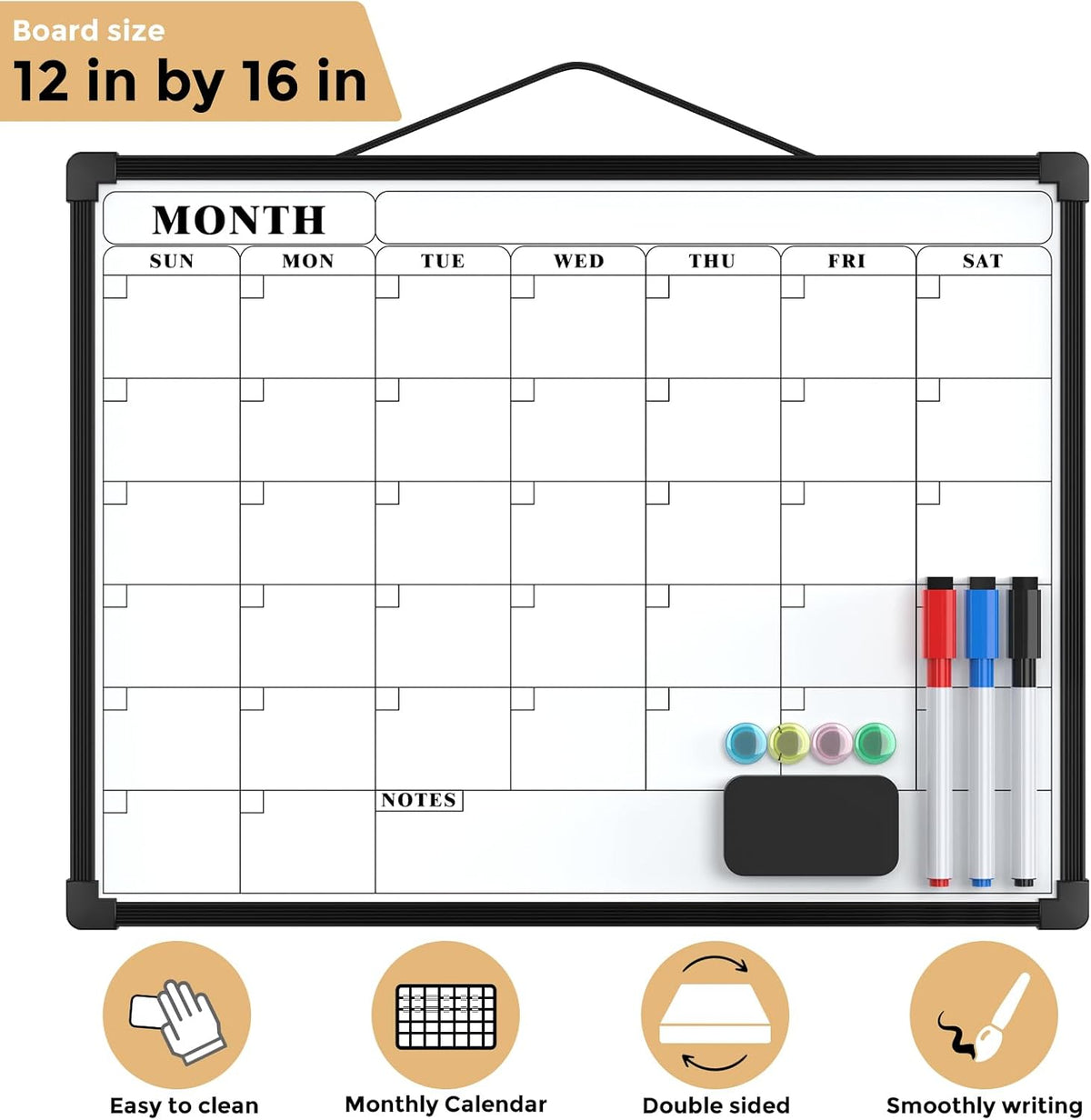 Monthly Calendar Dry Erase Board for Wall, 16"x12", White Frame