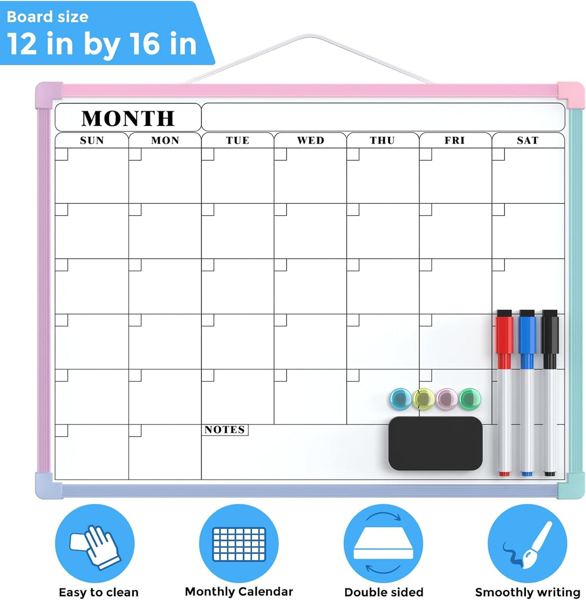 Monthly Calendar Dry Erase Board for Wall, 16"x12", White Frame
