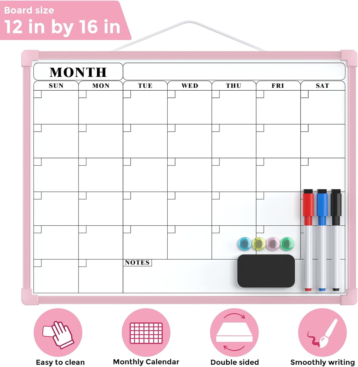 Monthly Calendar Dry Erase Board for Wall, 16"x12", White Frame