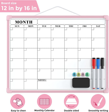 Monthly Calendar Dry Erase Board for Wall, 16"x12", White Frame