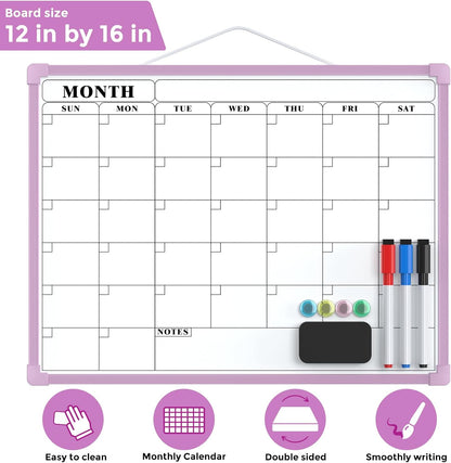 Monthly Calendar Dry Erase Board for Wall, 16"x12", White Frame