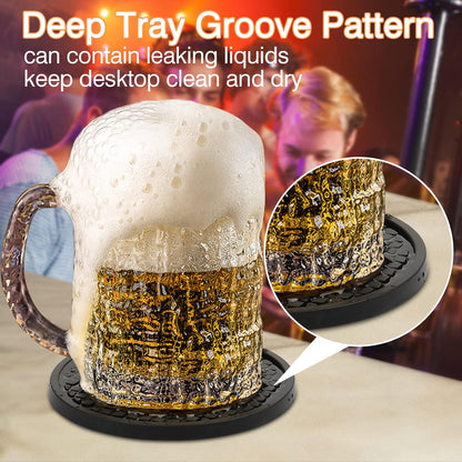 Silicone Coasters for Drinks, Thickened Black Coaster with Deep Tray Grooved Design Cup Mat, Washable Heat Resistant Durable Non-Slip Coasters for Coffee Table Wooden Desk Kitchen Bar