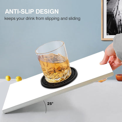 Silicone Coasters for Drinks, Thickened Black Coaster with Deep Tray Grooved Design Cup Mat, Washable Heat Resistant Durable Non-Slip Coasters for Coffee Table Wooden Desk Kitchen Bar
