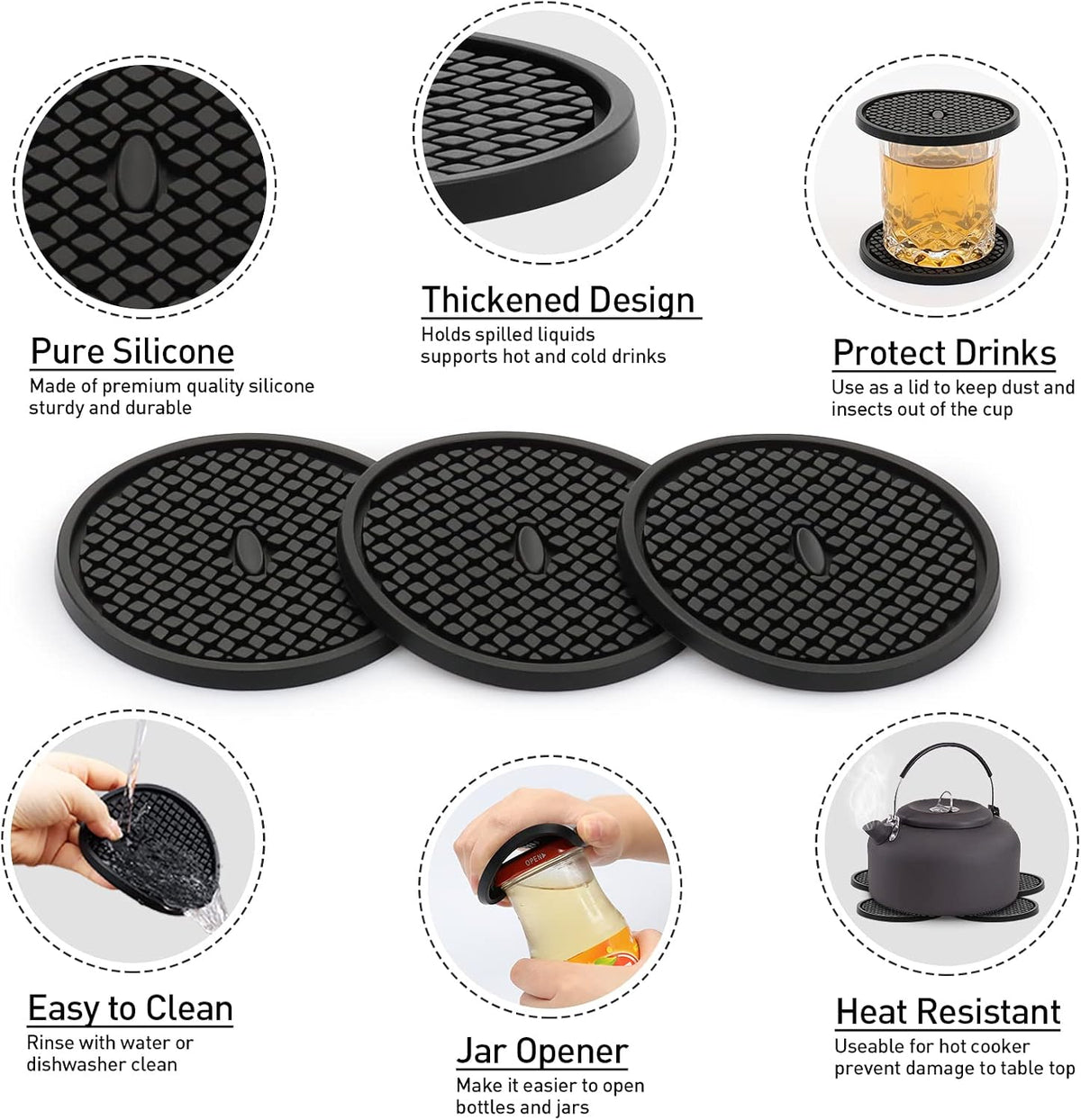 Silicone Coasters for Drinks, Thickened Black Coaster with Deep Tray Grooved Design Cup Mat, Washable Heat Resistant Durable Non-Slip Coasters for Coffee Table Wooden Desk Kitchen Bar