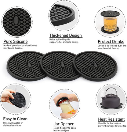 Silicone Coasters for Drinks, Thickened Black Coaster with Deep Tray Grooved Design Cup Mat, Washable Heat Resistant Durable Non-Slip Coasters for Coffee Table Wooden Desk Kitchen Bar
