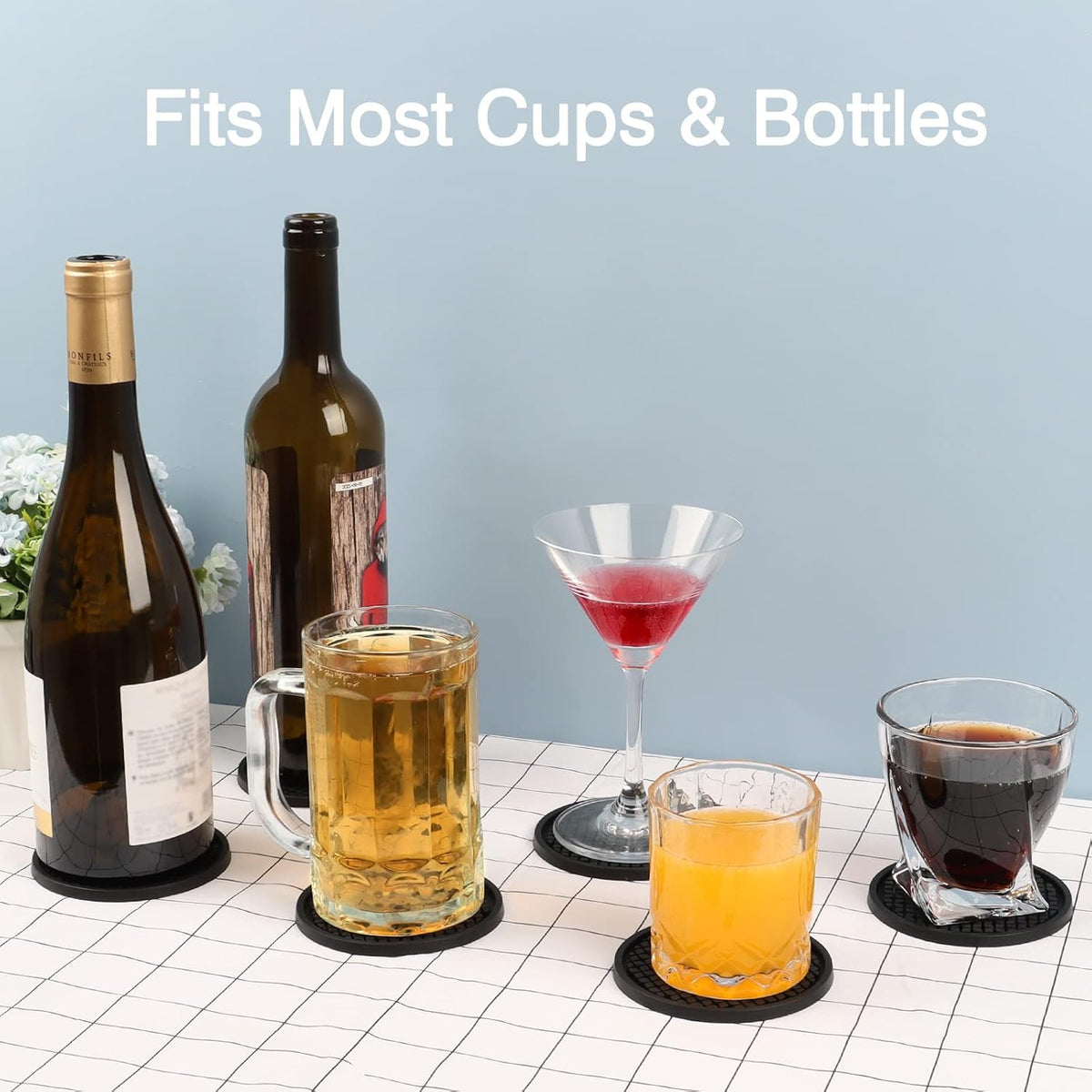Silicone Coasters for Drinks, Thickened Black Coaster with Deep Tray Grooved Design Cup Mat, Washable Heat Resistant Durable Non-Slip Coasters for Coffee Table Wooden Desk Kitchen Bar