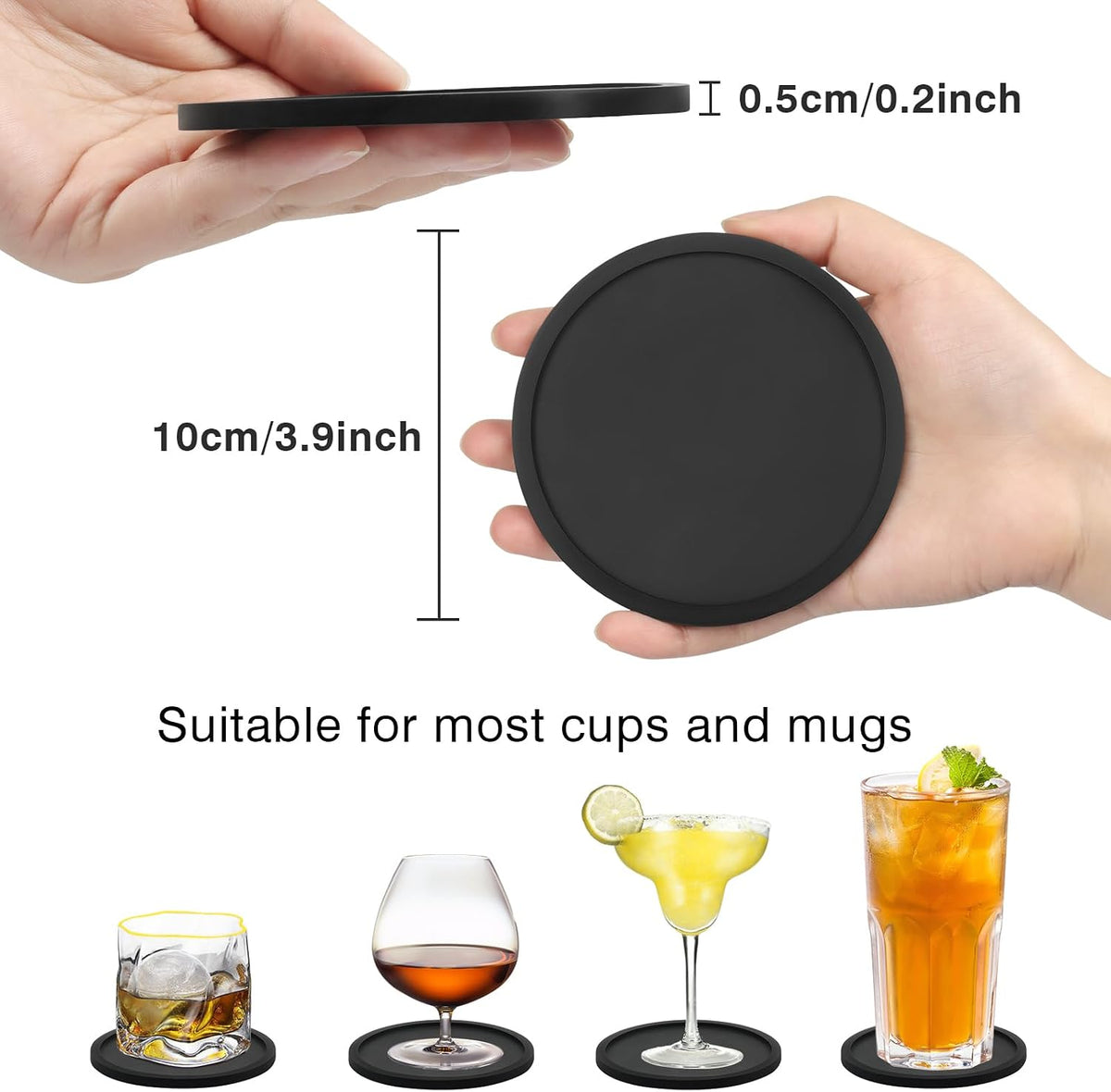 Silicone Coasters for Drinks, Thickened Black Coaster with Deep Tray Grooved Design Cup Mat, Washable Heat Resistant Durable Non-Slip Coasters for Coffee Table Wooden Desk Kitchen Bar