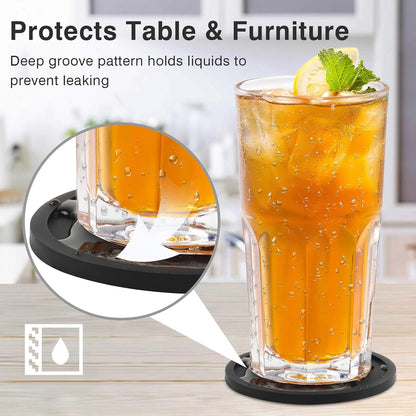 Silicone Coasters for Drinks, Thickened Black Coaster with Deep Tray Grooved Design Cup Mat, Washable Heat Resistant Durable Non-Slip Coasters for Coffee Table Wooden Desk Kitchen Bar