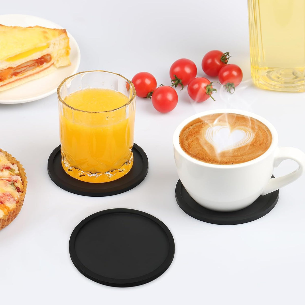 Silicone Coasters for Drinks, Thickened Black Coaster with Deep Tray Grooved Design Cup Mat, Washable Heat Resistant Durable Non-Slip Coasters for Coffee Table Wooden Desk Kitchen Bar