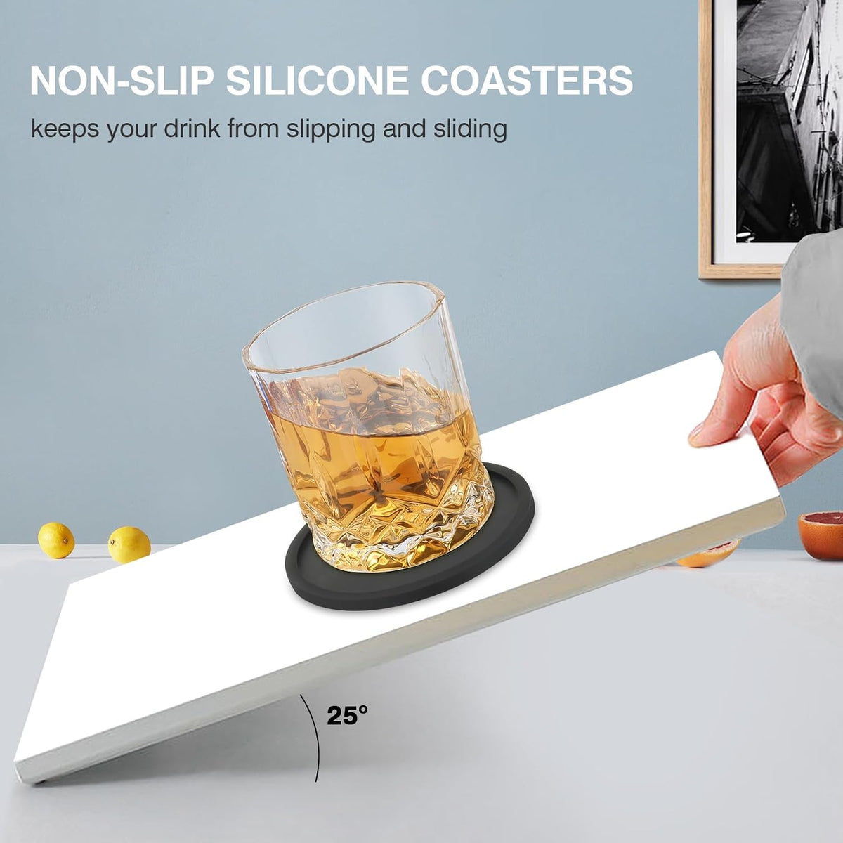 Silicone Coasters for Drinks, Thickened Black Coaster with Deep Tray Grooved Design Cup Mat, Washable Heat Resistant Durable Non-Slip Coasters for Coffee Table Wooden Desk Kitchen Bar
