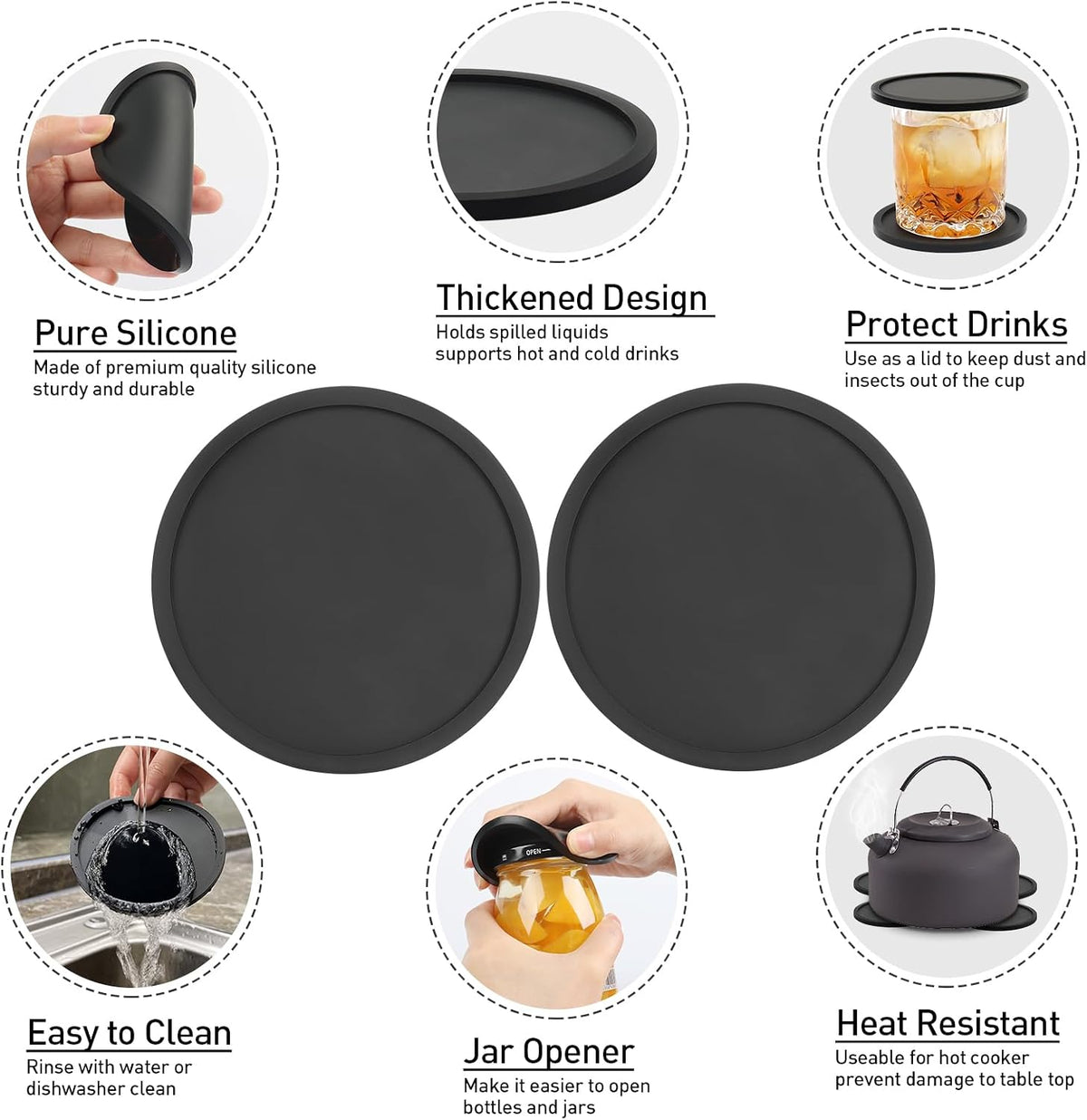 Silicone Coasters for Drinks, Thickened Black Coaster with Deep Tray Grooved Design Cup Mat, Washable Heat Resistant Durable Non-Slip Coasters for Coffee Table Wooden Desk Kitchen Bar