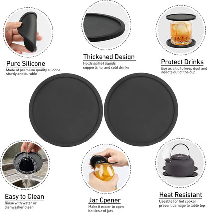 Silicone Coasters for Drinks, Thickened Black Coaster with Deep Tray Grooved Design Cup Mat, Washable Heat Resistant Durable Non-Slip Coasters for Coffee Table Wooden Desk Kitchen Bar