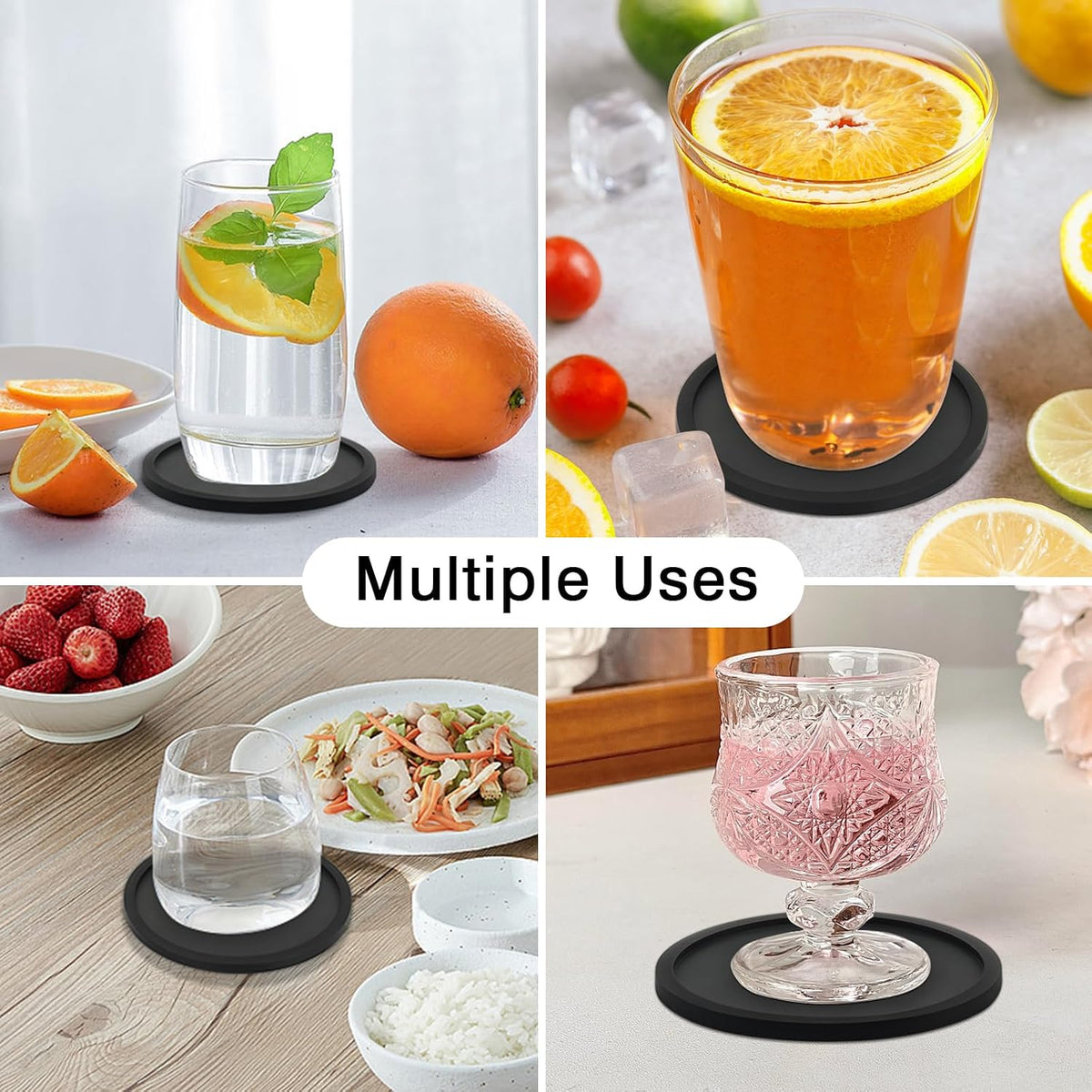 Silicone Coasters for Drinks, Thickened Black Coaster with Deep Tray Grooved Design Cup Mat, Washable Heat Resistant Durable Non-Slip Coasters for Coffee Table Wooden Desk Kitchen Bar