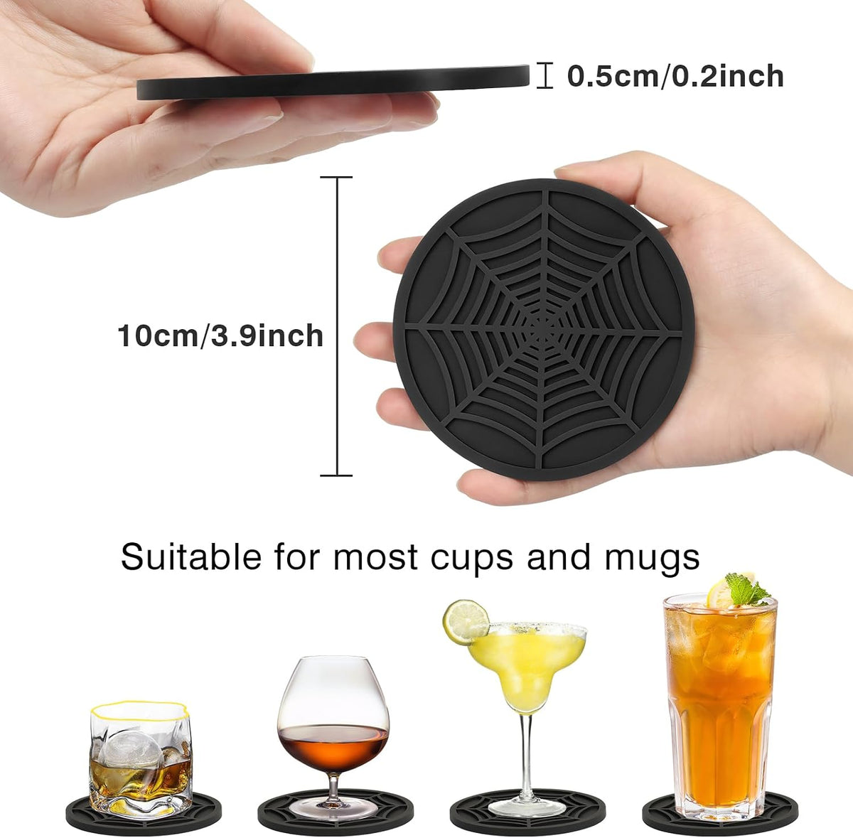 Silicone Coasters for Drinks, Thickened Black Coaster with Deep Tray Grooved Design Cup Mat, Washable Heat Resistant Durable Non-Slip Coasters for Coffee Table Wooden Desk Kitchen Bar