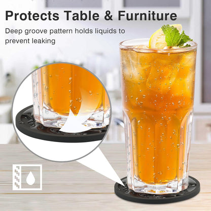 Silicone Coasters for Drinks, Thickened Black Coaster with Deep Tray Grooved Design Cup Mat, Washable Heat Resistant Durable Non-Slip Coasters for Coffee Table Wooden Desk Kitchen Bar