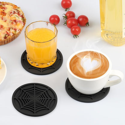 Silicone Coasters for Drinks, Thickened Black Coaster with Deep Tray Grooved Design Cup Mat, Washable Heat Resistant Durable Non-Slip Coasters for Coffee Table Wooden Desk Kitchen Bar