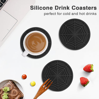 Silicone Coasters for Drinks, Thickened Black Coaster with Deep Tray Grooved Design Cup Mat, Washable Heat Resistant Durable Non-Slip Coasters for Coffee Table Wooden Desk Kitchen Bar