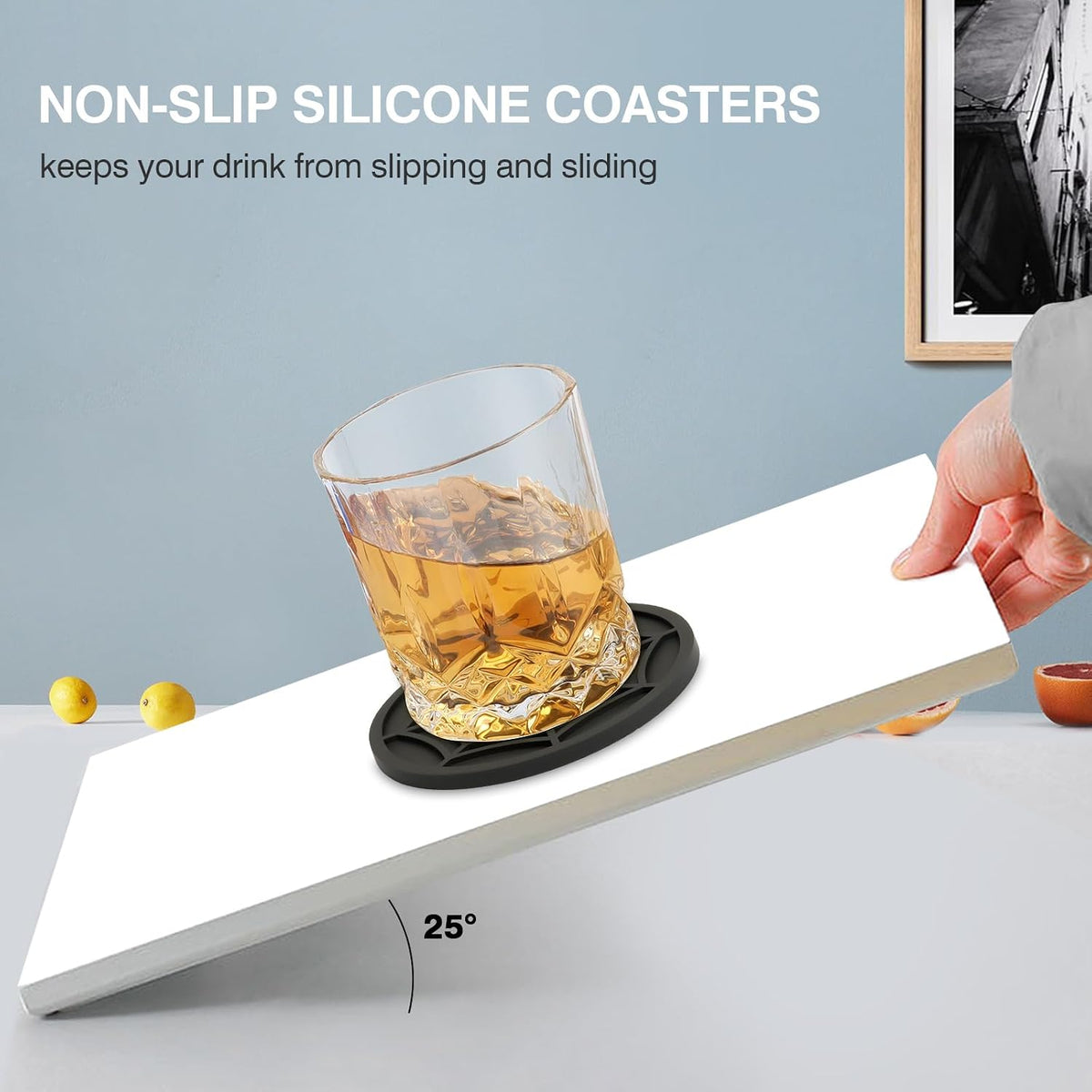 Silicone Coasters for Drinks, Thickened Black Coaster with Deep Tray Grooved Design Cup Mat, Washable Heat Resistant Durable Non-Slip Coasters for Coffee Table Wooden Desk Kitchen Bar