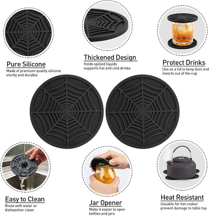 Silicone Coasters for Drinks, Thickened Black Coaster with Deep Tray Grooved Design Cup Mat, Washable Heat Resistant Durable Non-Slip Coasters for Coffee Table Wooden Desk Kitchen Bar