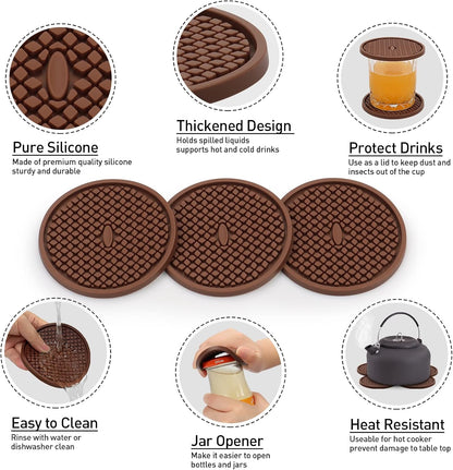 Silicone Coasters for Drinks, Thickened Black Coaster with Deep Tray Grooved Design Cup Mat, Washable Heat Resistant Durable Non-Slip Coasters for Coffee Table Wooden Desk Kitchen Bar