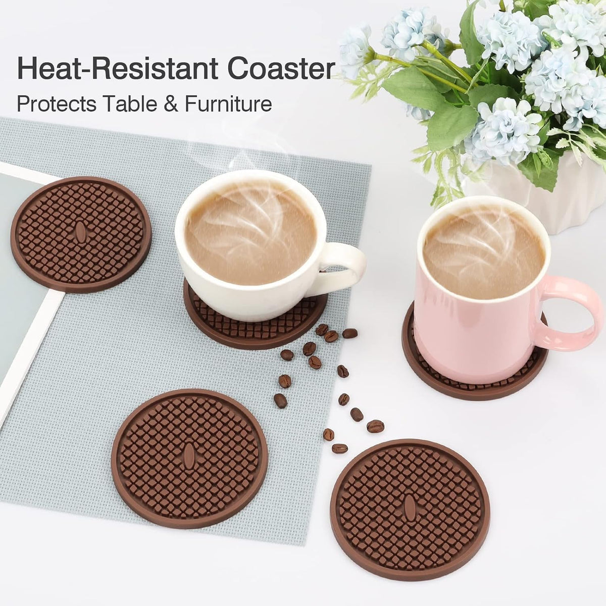 Silicone Coasters for Drinks, Thickened Black Coaster with Deep Tray Grooved Design Cup Mat, Washable Heat Resistant Durable Non-Slip Coasters for Coffee Table Wooden Desk Kitchen Bar