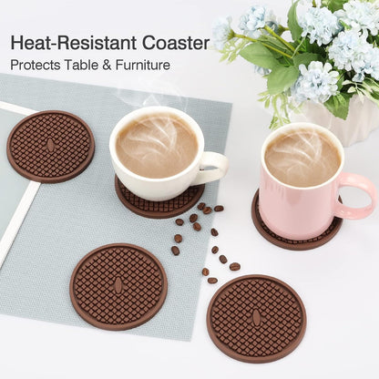 Silicone Coasters for Drinks, Thickened Black Coaster with Deep Tray Grooved Design Cup Mat, Washable Heat Resistant Durable Non-Slip Coasters for Coffee Table Wooden Desk Kitchen Bar