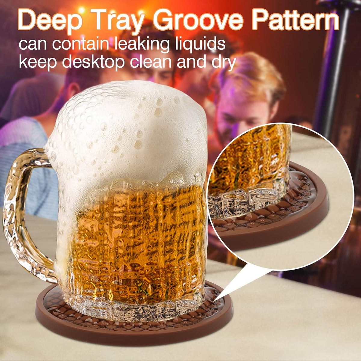 Silicone Coasters for Drinks, Thickened Black Coaster with Deep Tray Grooved Design Cup Mat, Washable Heat Resistant Durable Non-Slip Coasters for Coffee Table Wooden Desk Kitchen Bar