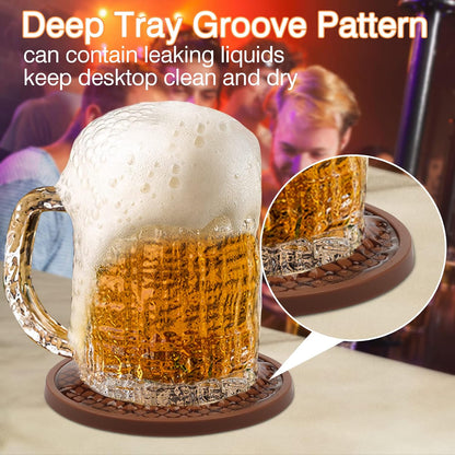 Silicone Coasters for Drinks, Thickened Black Coaster with Deep Tray Grooved Design Cup Mat, Washable Heat Resistant Durable Non-Slip Coasters for Coffee Table Wooden Desk Kitchen Bar