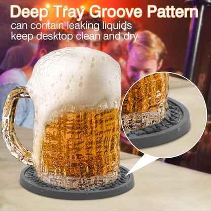 Silicone Coasters for Drinks, Thickened Black Coaster with Deep Tray Grooved Design Cup Mat, Washable Heat Resistant Durable Non-Slip Coasters for Coffee Table Wooden Desk Kitchen Bar