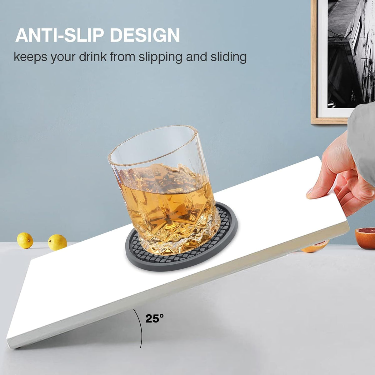 Silicone Coasters for Drinks, Thickened Black Coaster with Deep Tray Grooved Design Cup Mat, Washable Heat Resistant Durable Non-Slip Coasters for Coffee Table Wooden Desk Kitchen Bar