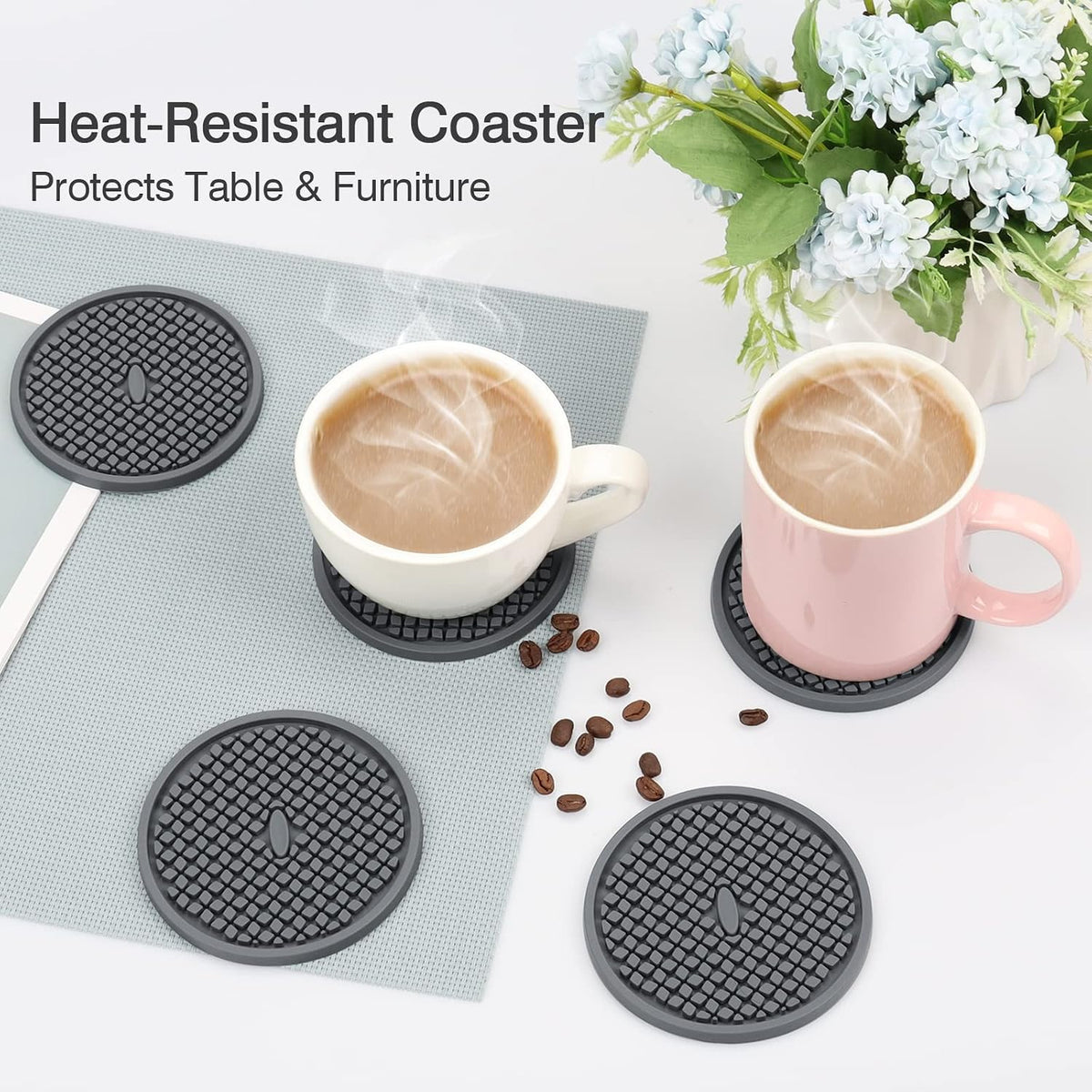 Silicone Coasters for Drinks, Thickened Black Coaster with Deep Tray Grooved Design Cup Mat, Washable Heat Resistant Durable Non-Slip Coasters for Coffee Table Wooden Desk Kitchen Bar