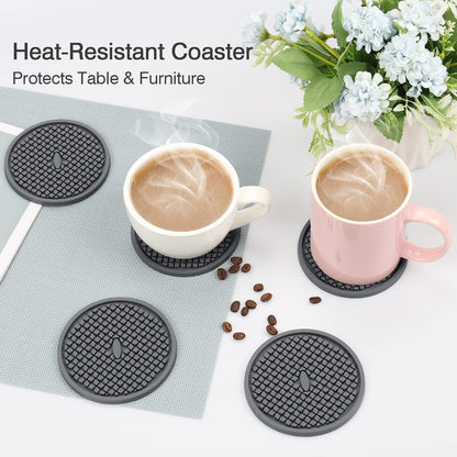 Silicone Coasters for Drinks, Thickened Black Coaster with Deep Tray Grooved Design Cup Mat, Washable Heat Resistant Durable Non-Slip Coasters for Coffee Table Wooden Desk Kitchen Bar