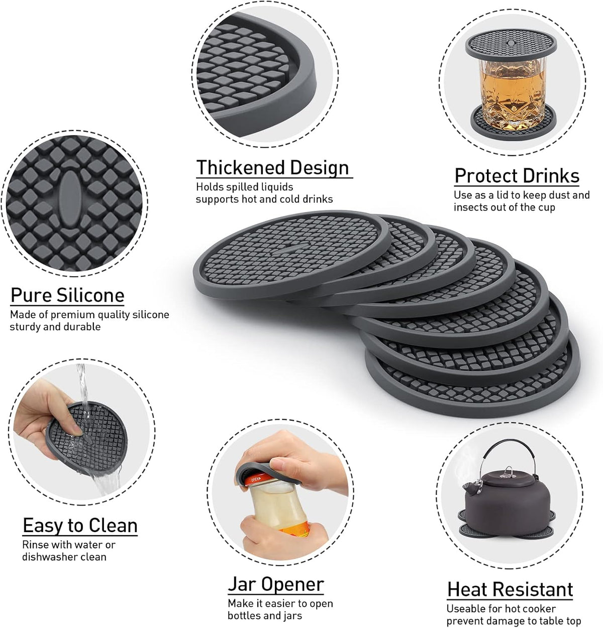 Silicone Coasters for Drinks, Thickened Black Coaster with Deep Tray Grooved Design Cup Mat, Washable Heat Resistant Durable Non-Slip Coasters for Coffee Table Wooden Desk Kitchen Bar