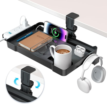 Under Desk Organizer - 360° Rotating Clamp-On Tray with Headphone Hook, Phone & Tablet Holder, Cup Holder, and Cable Management - No Drilling Desk Storage Accessories for Office and Home