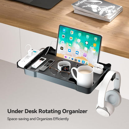 Under Desk Organizer - 360° Rotating Clamp-On Tray with Headphone Hook, Phone & Tablet Holder, Cup Holder, and Cable Management - No Drilling Desk Storage Accessories for Office and Home