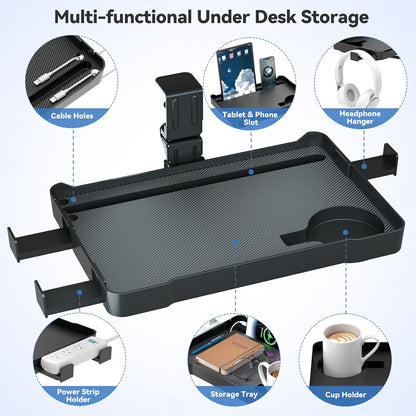 Under Desk Organizer - 360° Rotating Clamp-On Tray with Headphone Hook, Phone & Tablet Holder, Cup Holder, and Cable Management - No Drilling Desk Storage Accessories for Office and Home